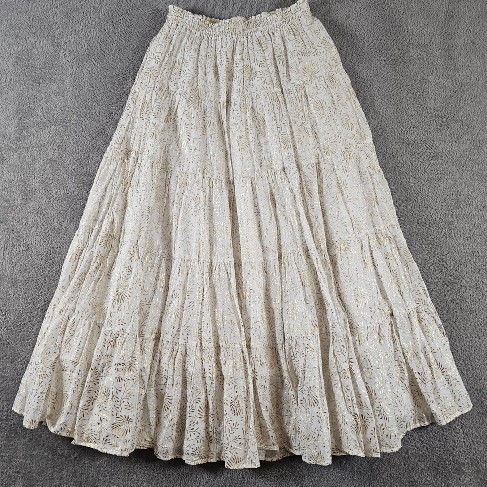 Ne Quittez Pas White Gold Foil Botanical Tiered Cotton Maxi Skirt Medium India